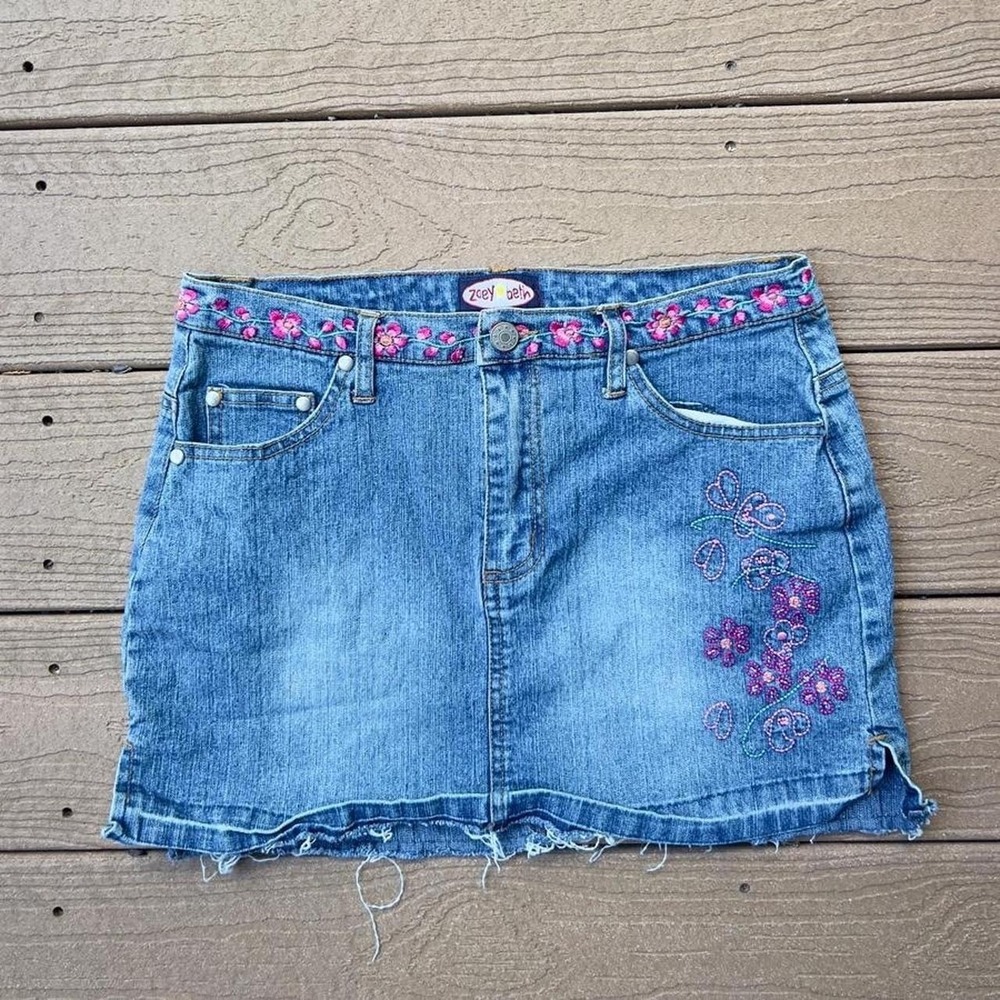 Y2K Zoey Beth Denim Mini Skirt w/ Pink Floral Embroidery Size Small Festival